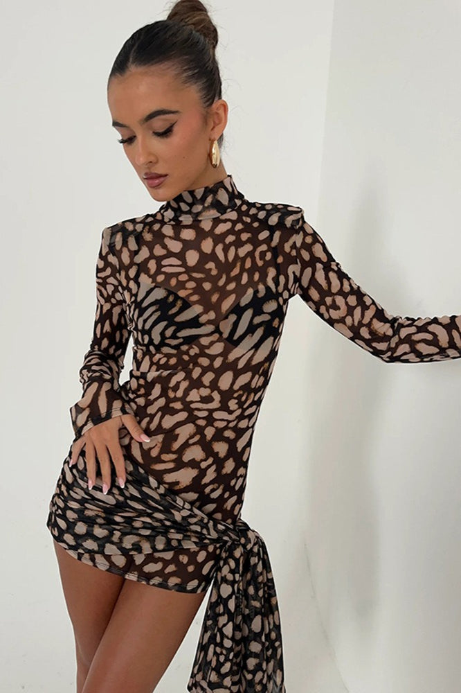 Mesh Turtleneck Leopard Print Bodycon Mini Dress