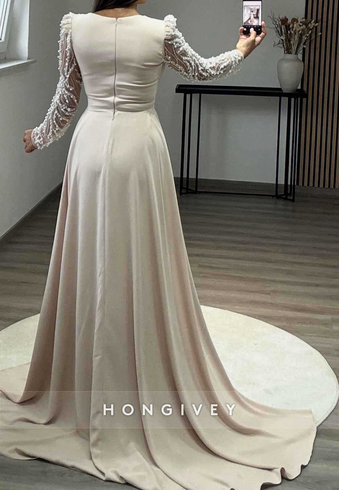 Pleated Beading Long Sleeve Illusion Neck Sweep Train Formal Dresses