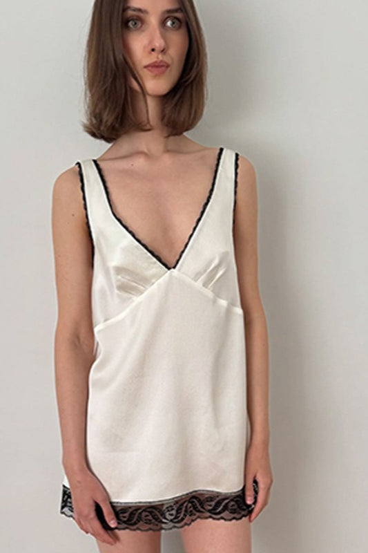 Satin Deep V-Neck Lace Trim Slip Mini Dress 3