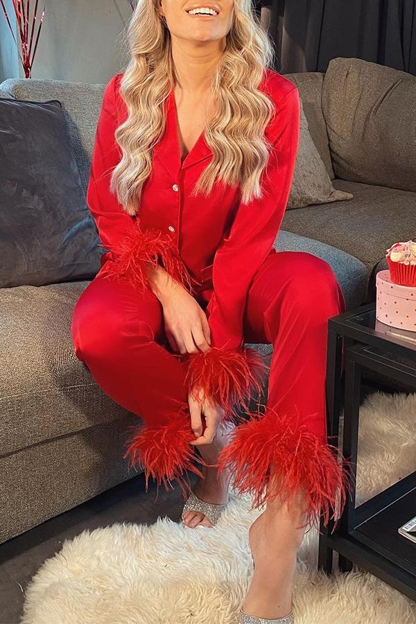 Solid Color Lapel Feather Trousers Two-piece Suit - Fashionpara