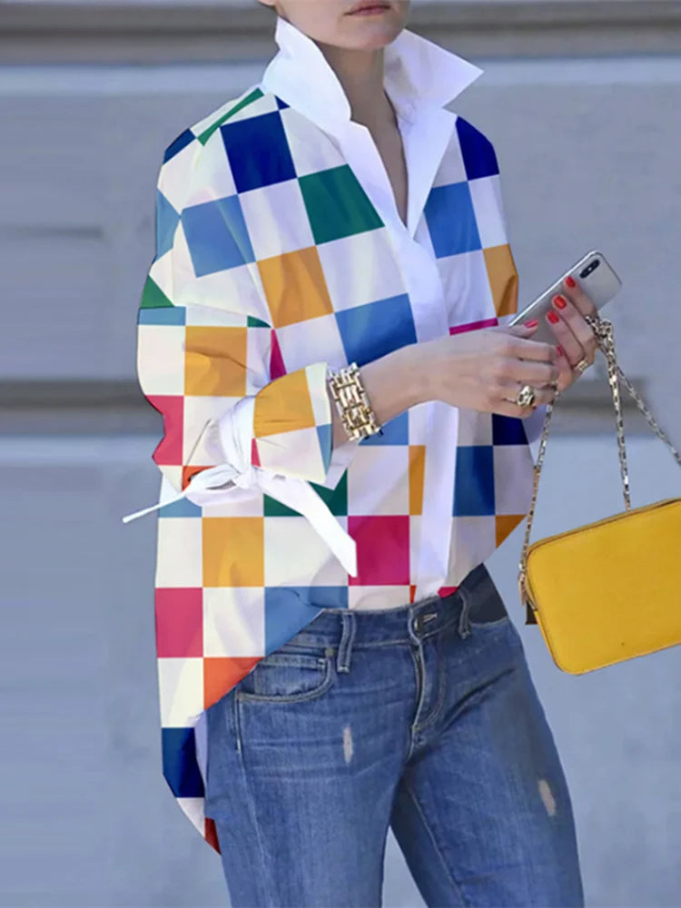 Plus Size Patchwork Plaid Turn-down Collar Blouse