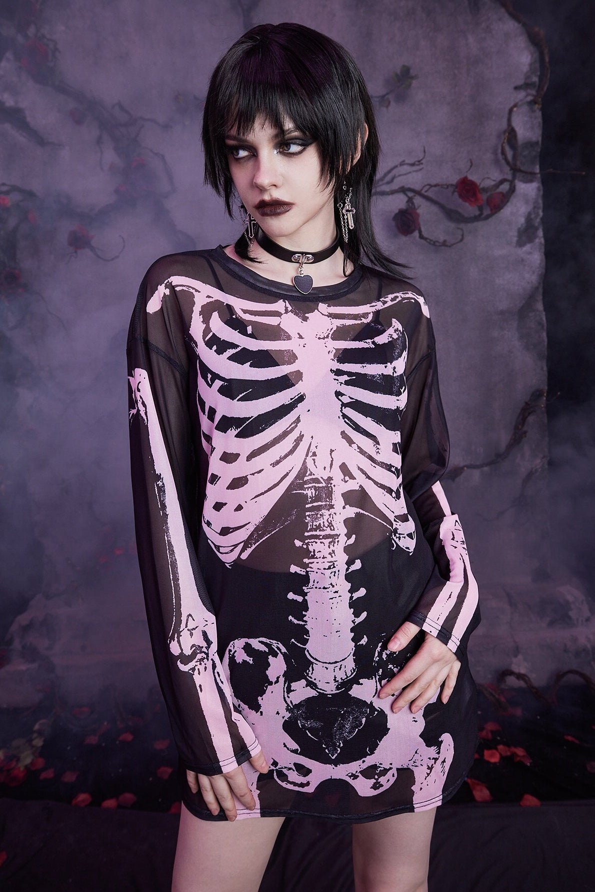 Dark Style Skull Print Mesh Knit Top