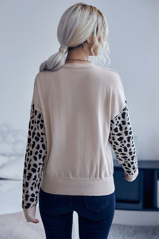 PrincessAce Knit V-Neck Leopard Panel Sweater for Elegance