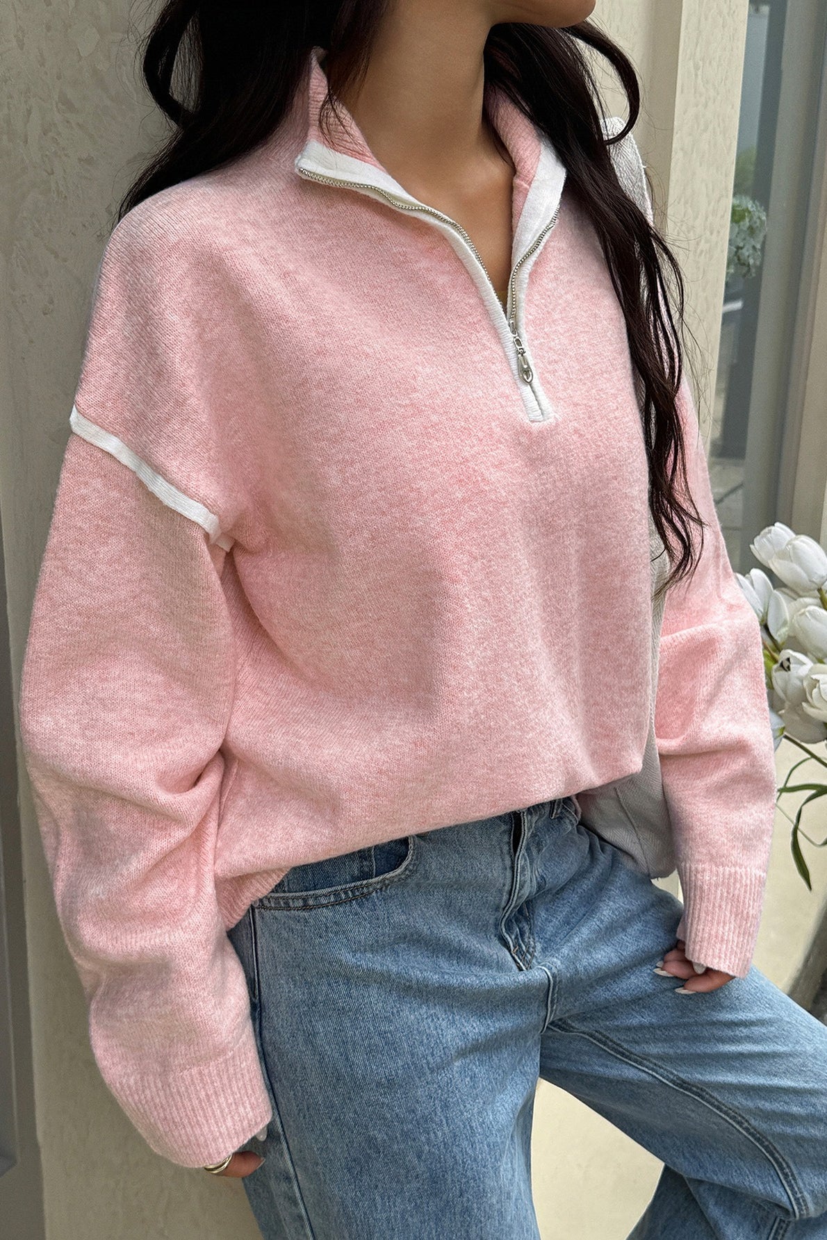 Casual Zip Front Long Sleeve Sweater