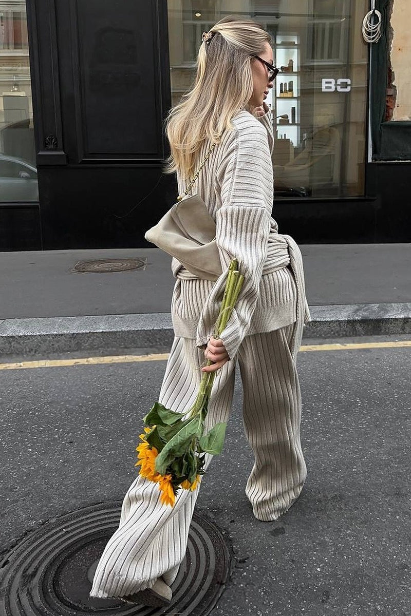 Relaxed Fit V Neck Ribbed Sweater and Pants Set