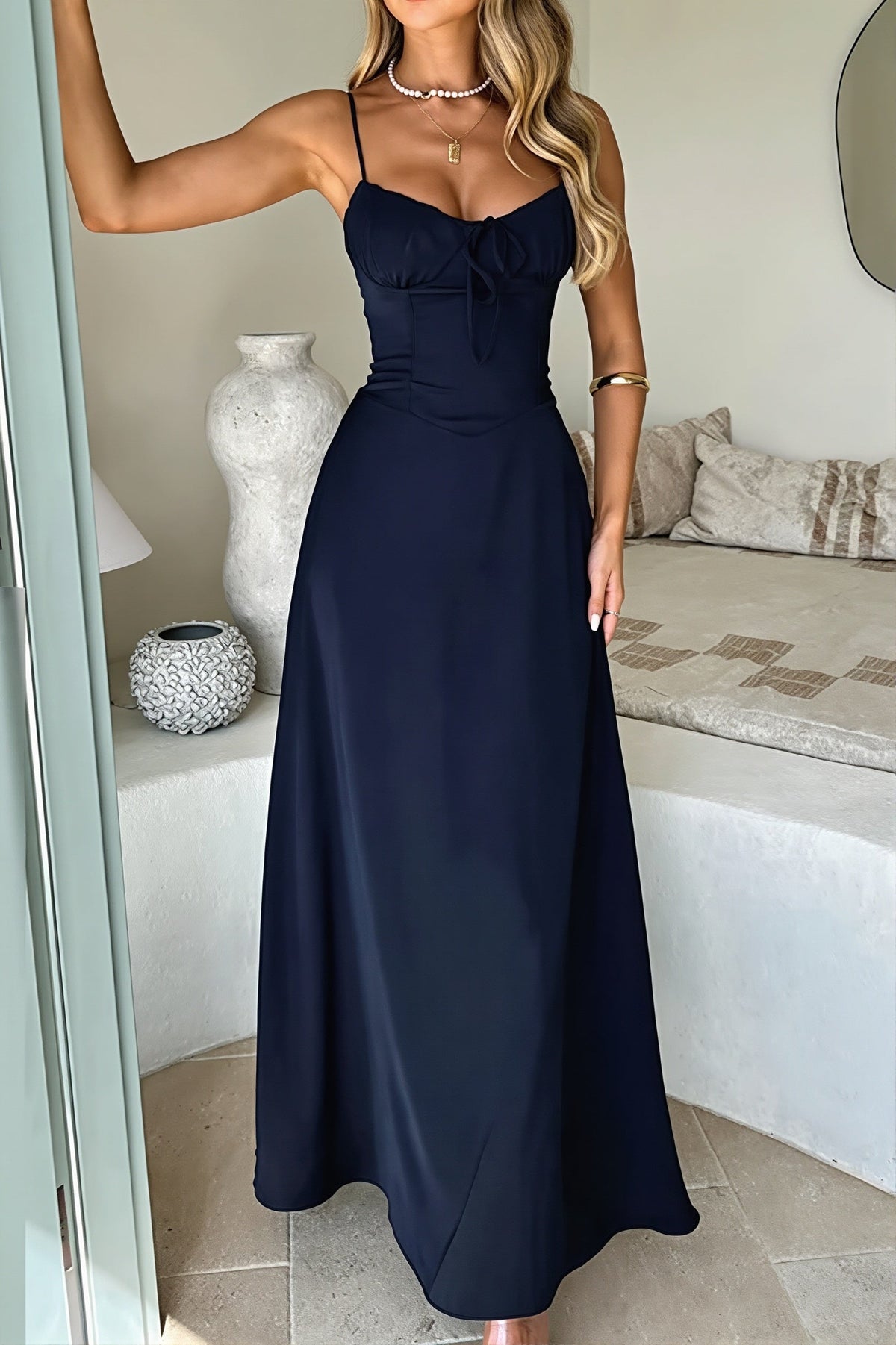 Satin Corset Sweetheart Tie Front Maxi Dress