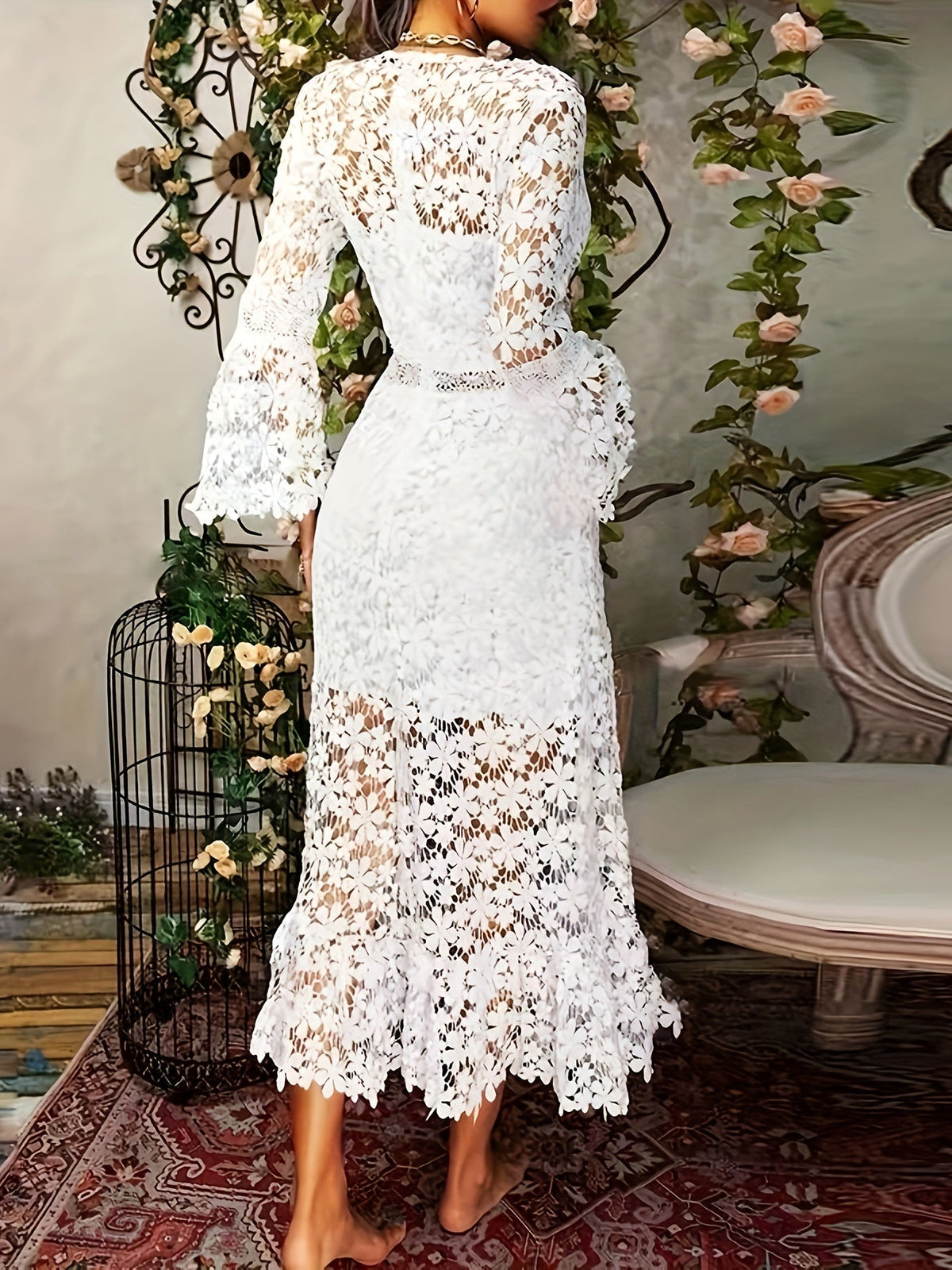 Lace V-Neck Long Sleeve Midi Dress Cocktail in White