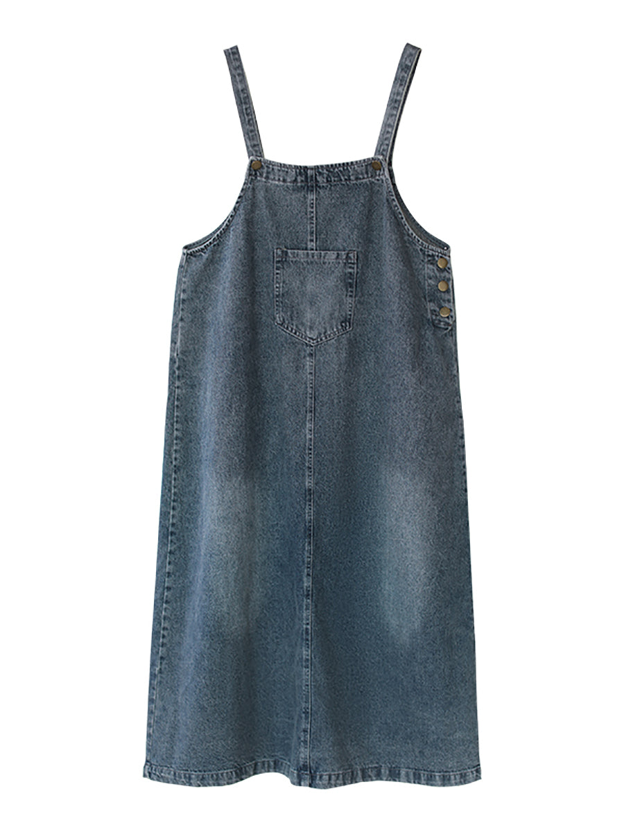 Denim Bib Front Overall Strap Pocket A-Line Maxi Jumper Dress - View 9