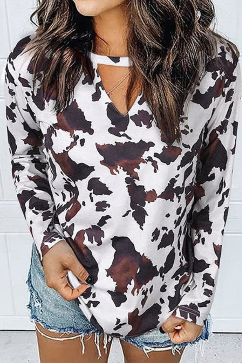 Casual V-neck cow-print top - Fashionpara