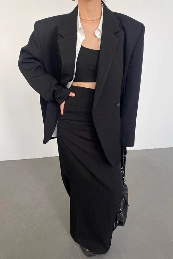 Lapel Collar High-Slit Long Sleeve Midi Dress