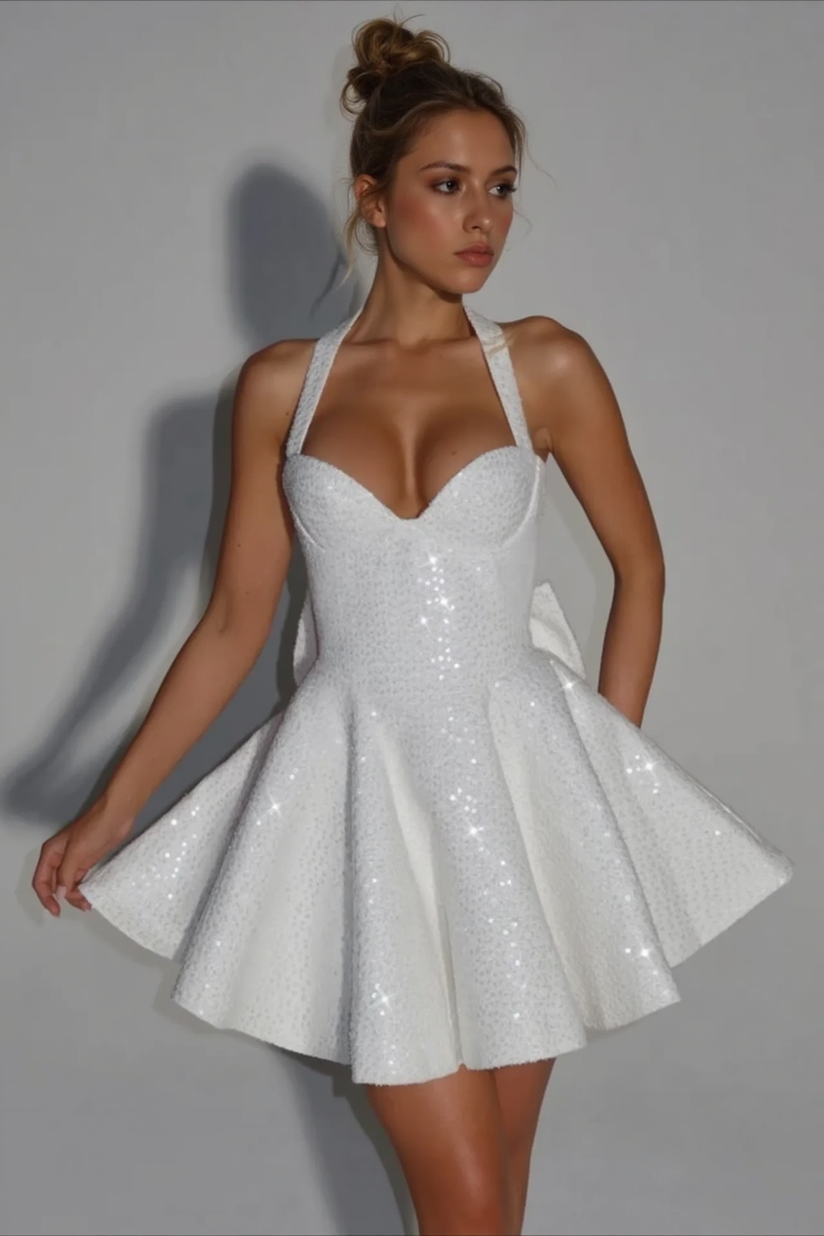 Halter Neck Sweetheart Sequin Fit and Flare Skater Mini Dress 5