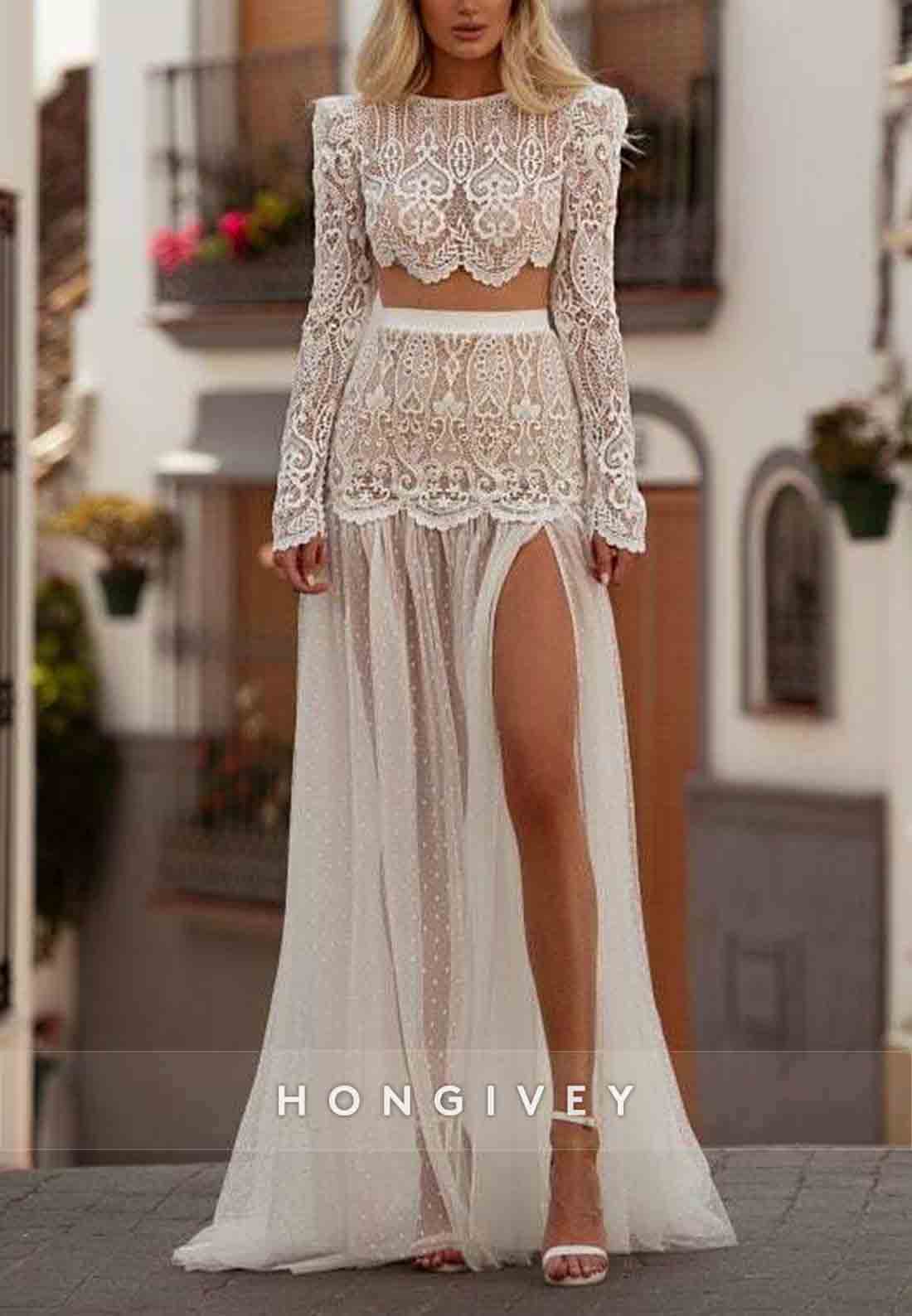Lace High Slit Long Sleeves Floor-Length V Back Wedding Dress
