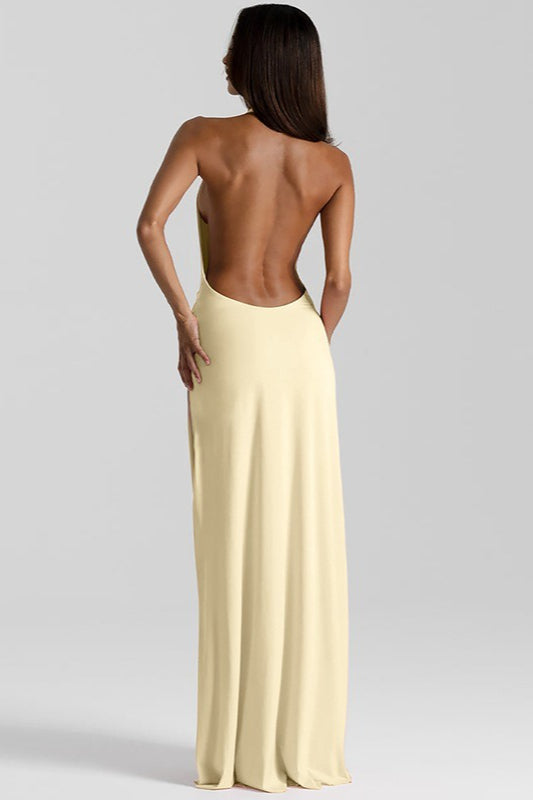 Deep V-Neck Halter Draped Twist High Split Maxi Gown 13