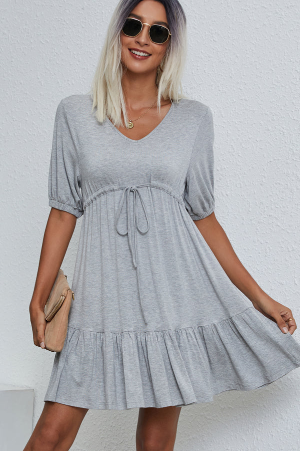 V Neck Drawstring Waist Solid Casual Mini Dress