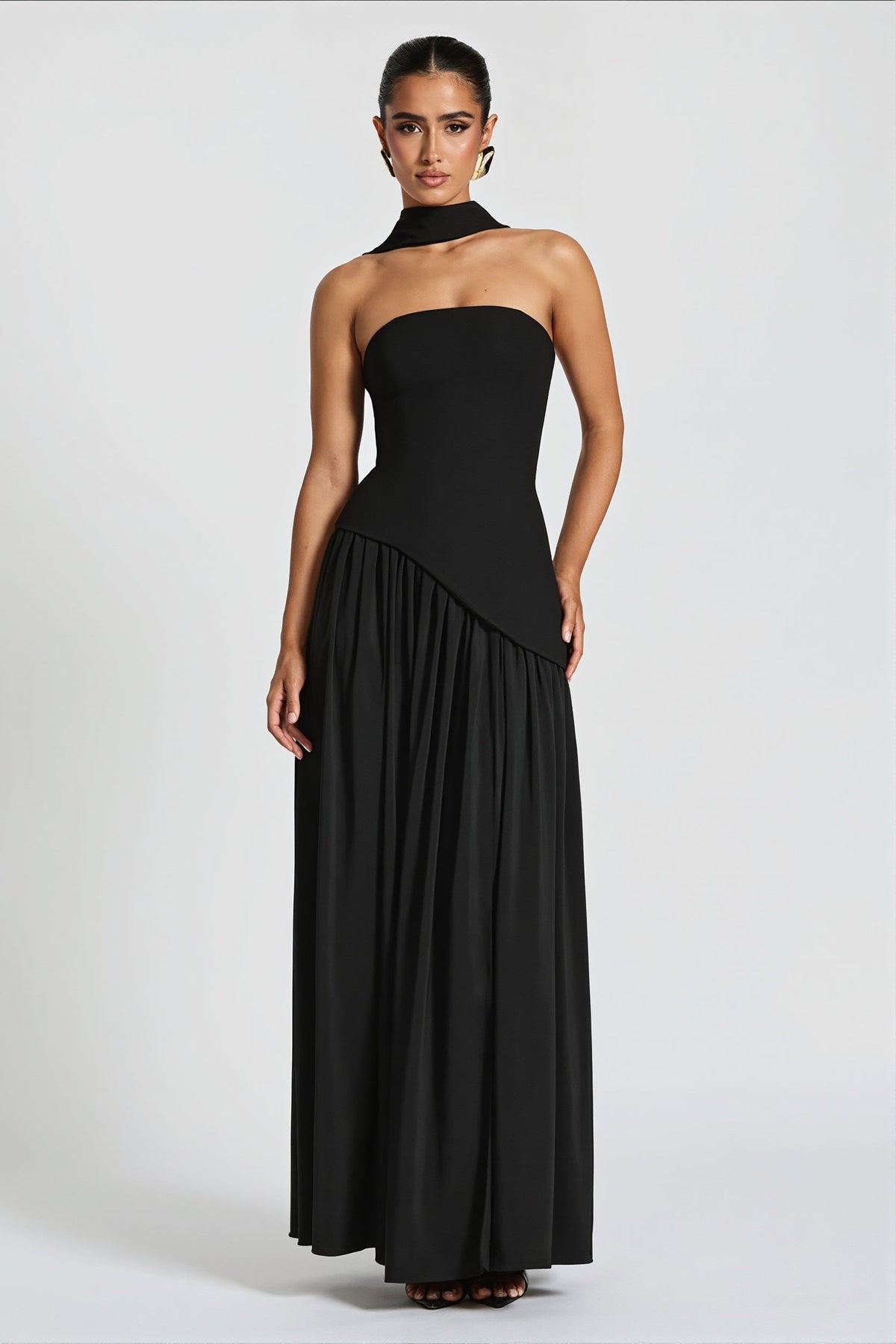 Strapless Scarf Detail Slit Maxi Dress 4