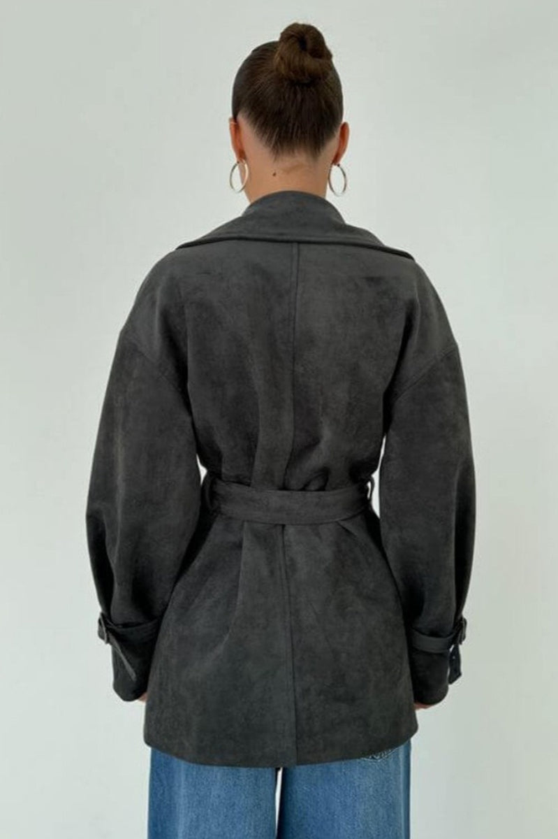 Vintage Suede Lapel Tie Waist Jacket Coat