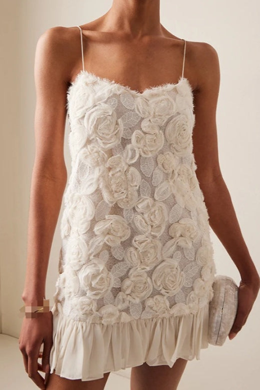 Floral Appliqué Spaghetti Strap Pleated Drop Waist Maxi Gown 3