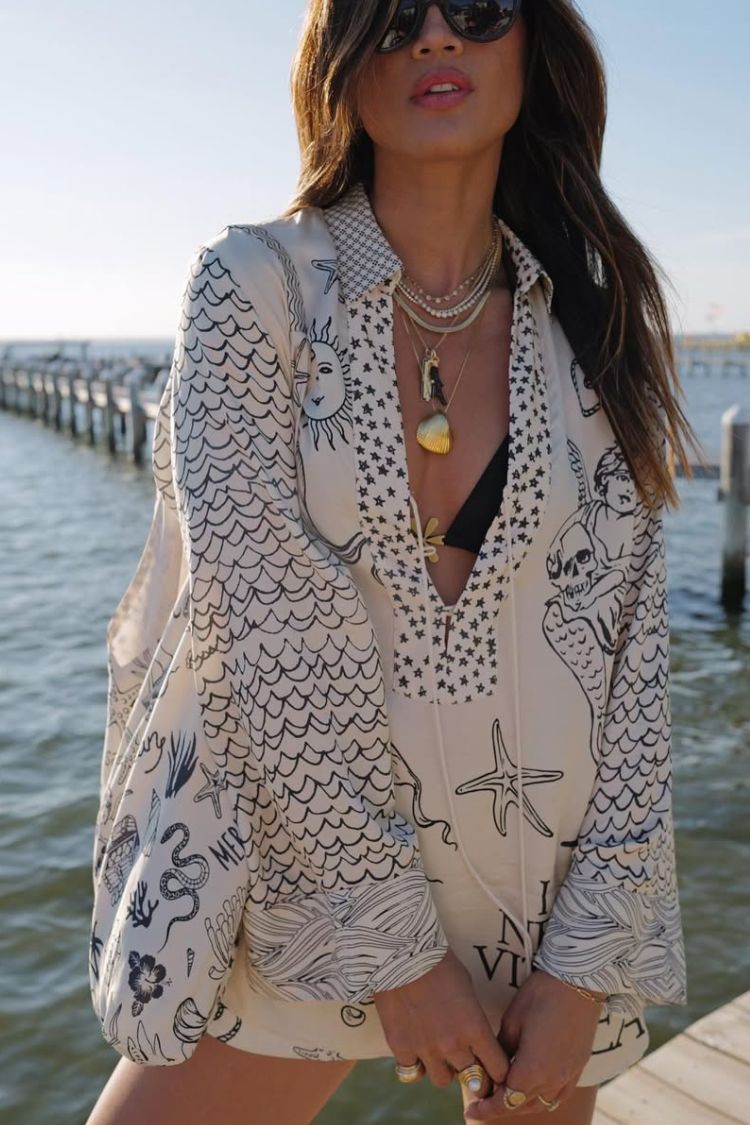 Live By Water Satin Unique Print Tassle Shirt and Elastic Waist Shorts Set - Fashionpara