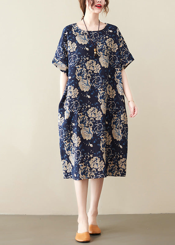 Floral Rose Print Drop Shoulder Short Sleeve Midi Shift Dress