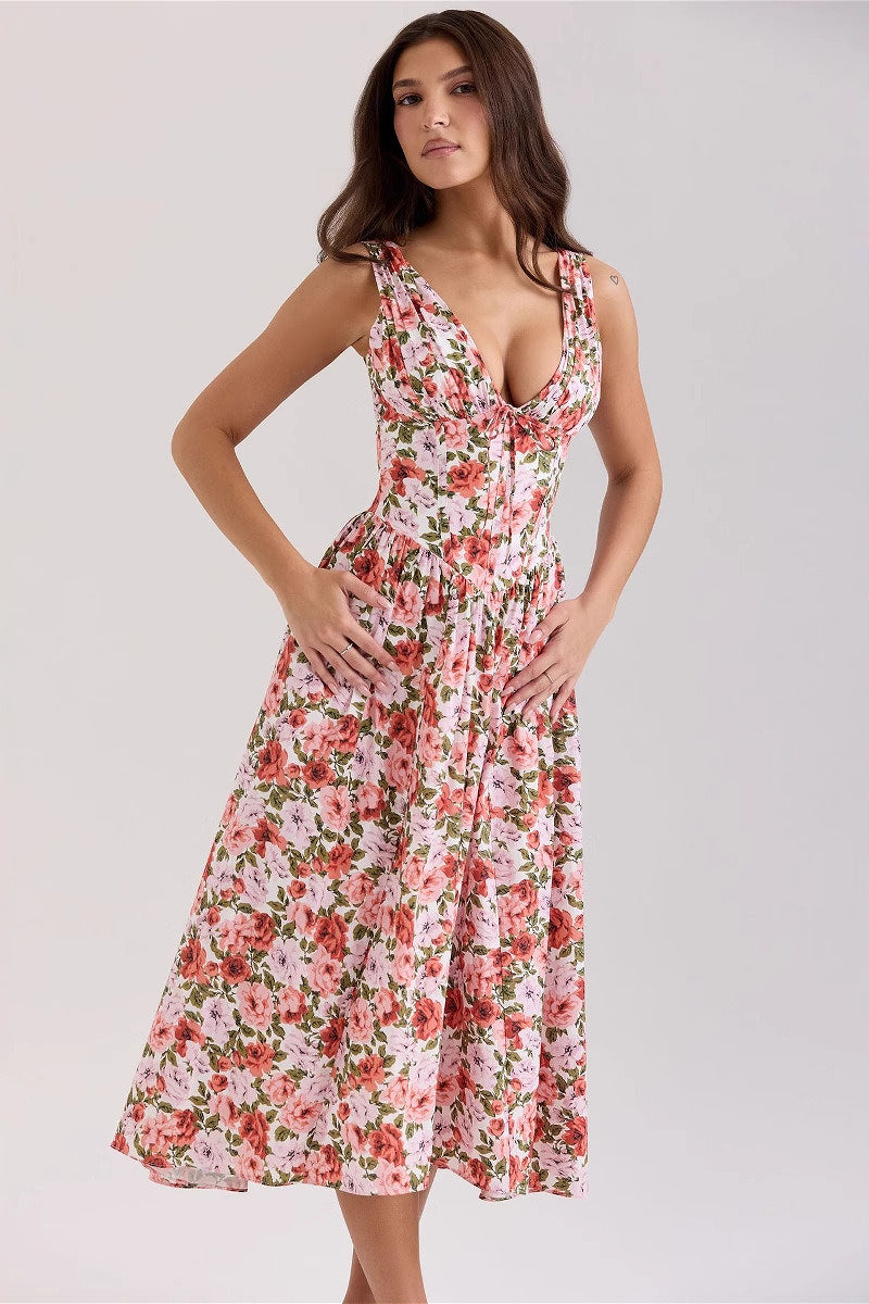 Floral Print V-Neck Sleeveless Corset Midi Dress