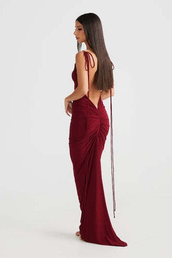Cowl-Neck Spaghetti-Strap Lace-Up Fishtail Maxi Gown