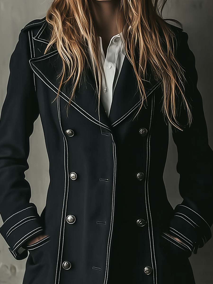 Black Double-Breasted Military Coat With Contrast Stitching - Fashionpara