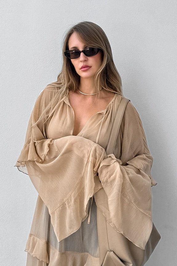 Chiffon Tiered Ruffle Long Sleeve Sheer Maxi Dress 3