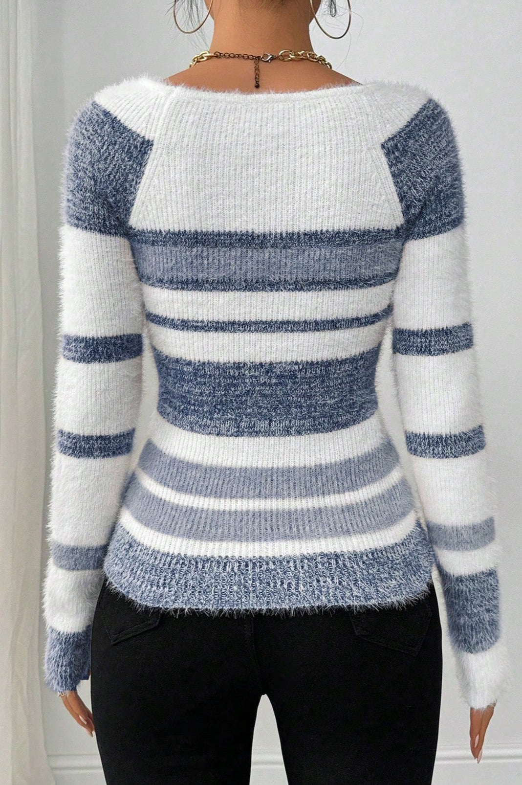 Fitted Square Neck Color Block Sweater