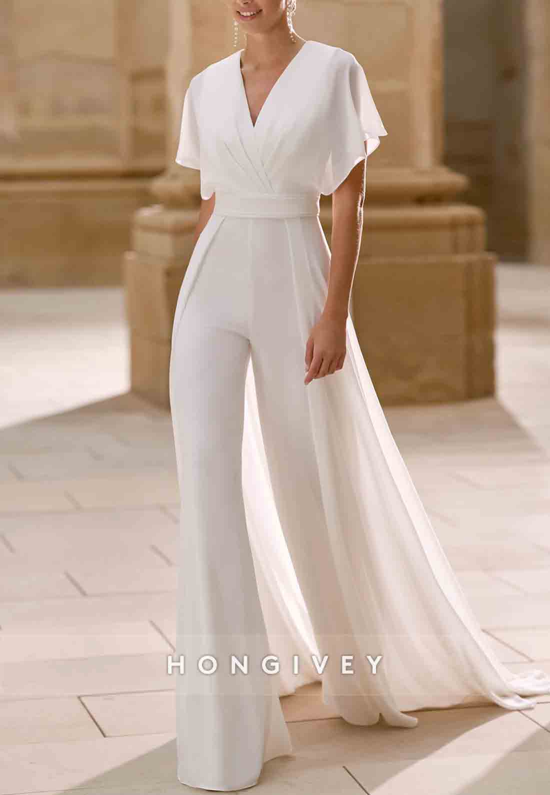 V-Neck Jumpsuit Floor-Length Flutter Sleeves Chiffon Wedding Dresses