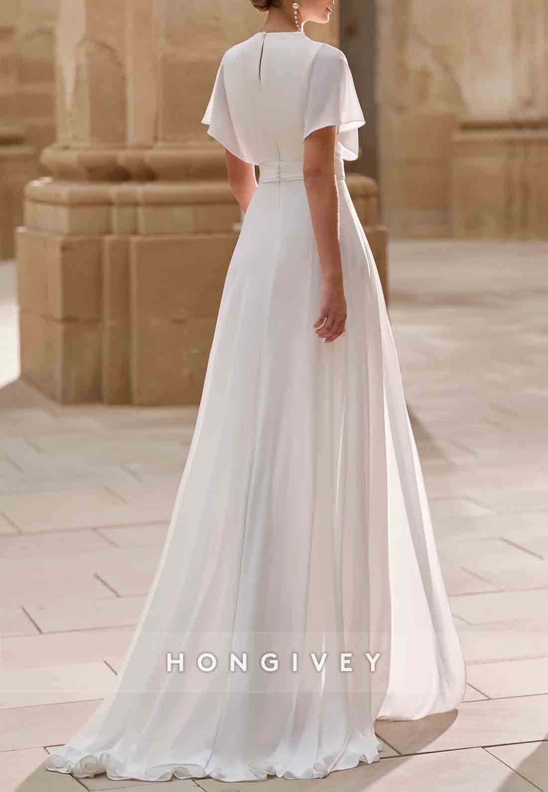 V-Neck Jumpsuit Floor-Length Flutter Sleeves Chiffon Wedding Dresses