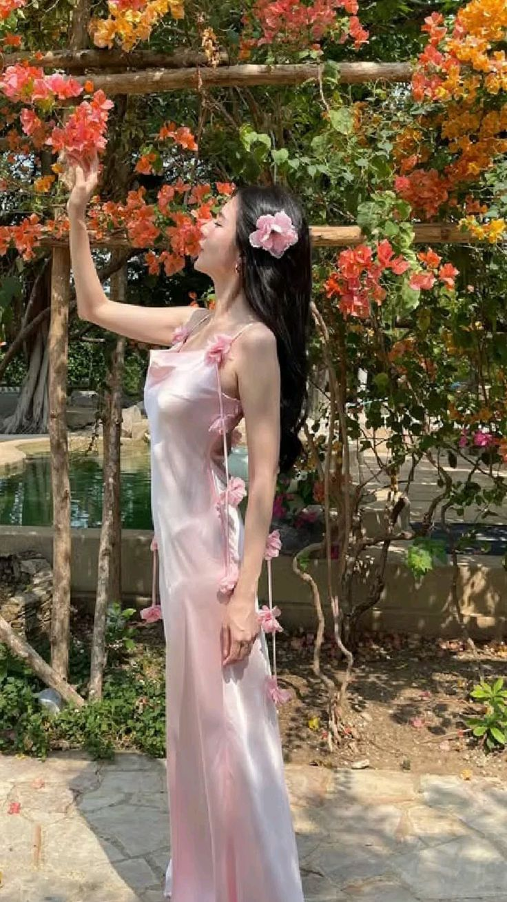 Sweet Pink Spaghetti Straps Satin Flowers Mermaid Long Prom Dresses Evening Dress D891