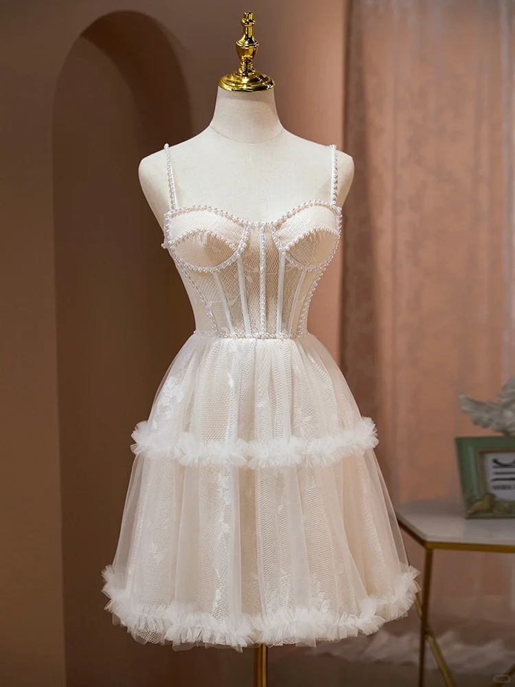 Elegant Sweetheart Neck White Tulle Pearls Beaded Short Party Dress Formal Birthday Outfits Homecoming Dress D245