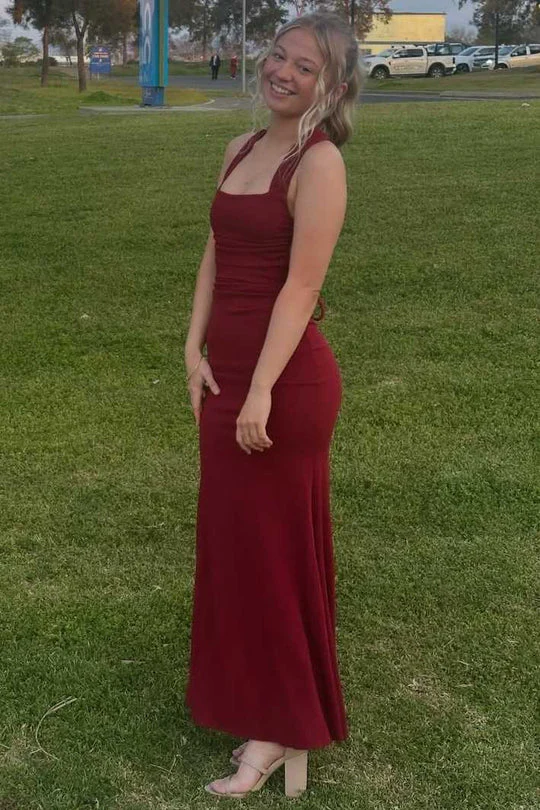 Burgundy Halter Satin Mermaid Long Evening Dress Long Birthday Party Dress D1423