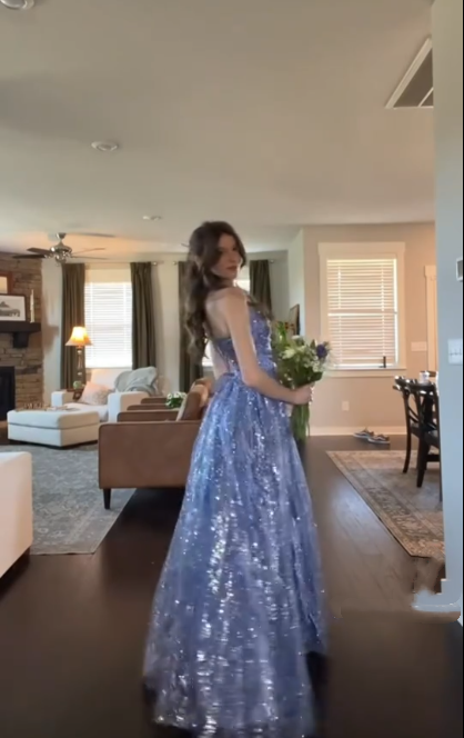 Shiny Spaghetti Straps Blue Tulle Sequin A Line Long Evening Dress Formal Birthday Party Gown D820