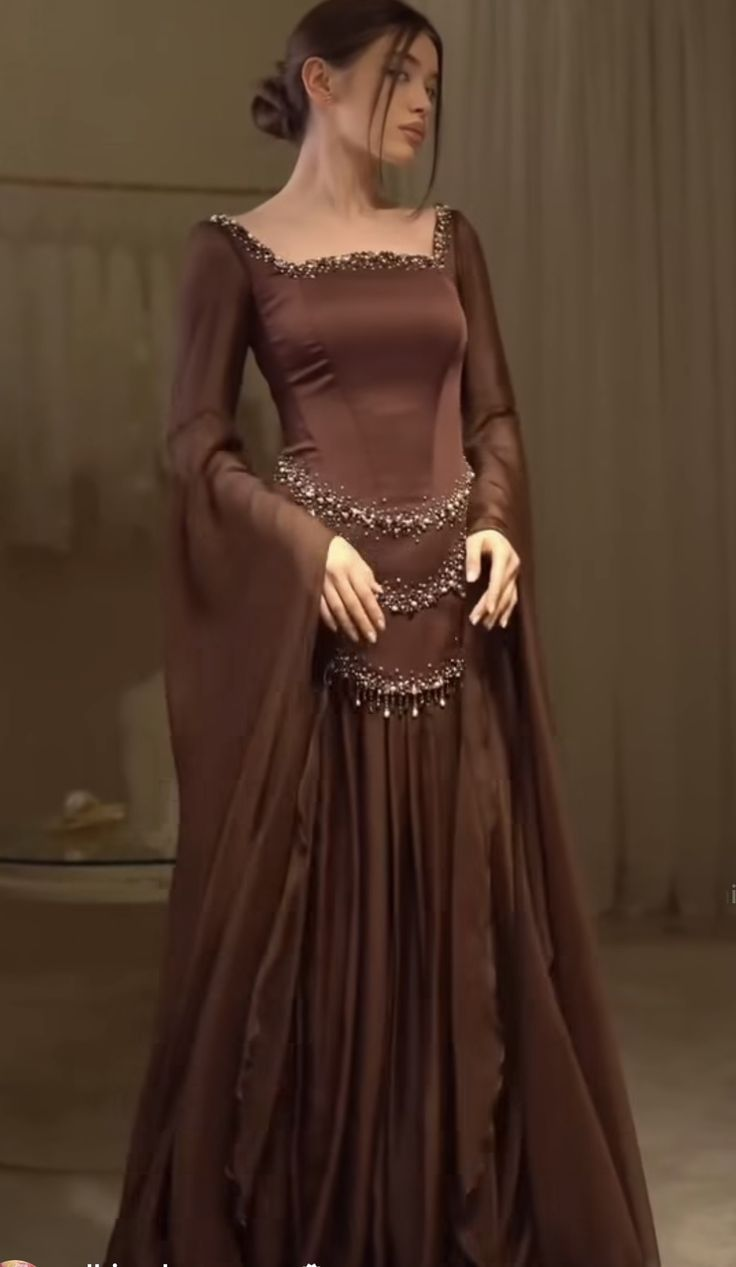 Gorgeous Brown Satin Chiffon Beaded Mermaid Prom Dress Long Party Gown D889