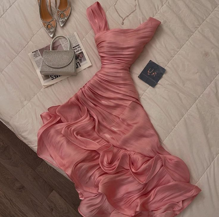 Pretty Sheath Pink Long Ruffles Prom Dresses Formal Evening Dress SD2388