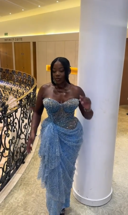 Shiny Strapless Blue Sequin Beaded Sheath Long Party Dress Evening Gown D1506