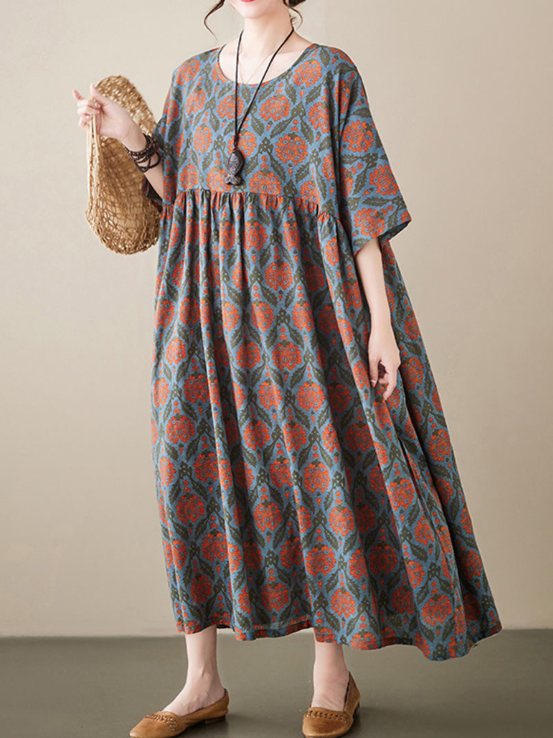 Damask Floral Round Neck Short Sleeve Smock Maxi Dress