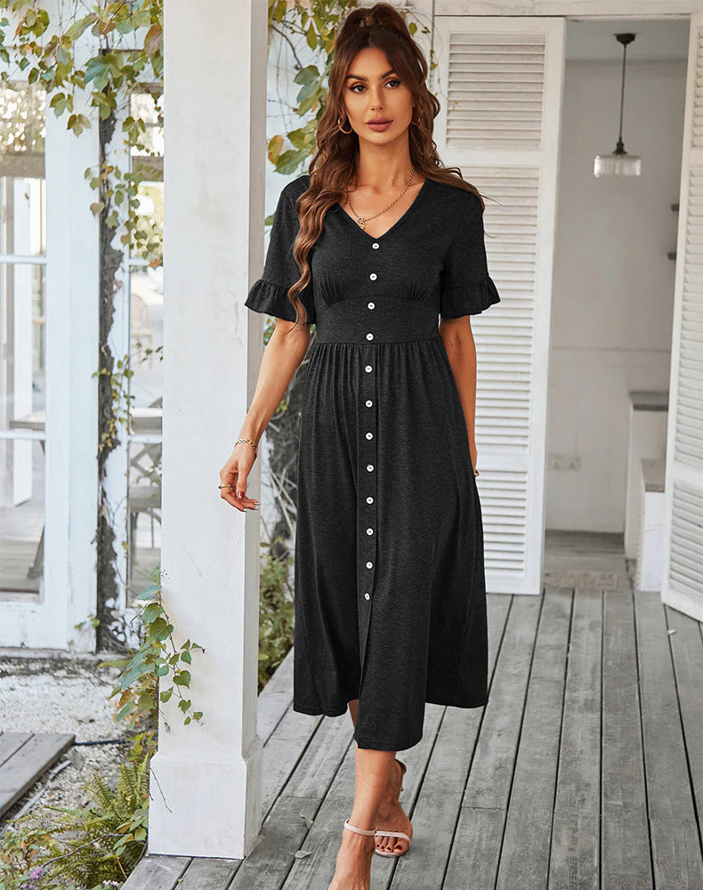 Knit V-Neck Button-Front Flutter-Sleeve A-Line Midi Dress 9