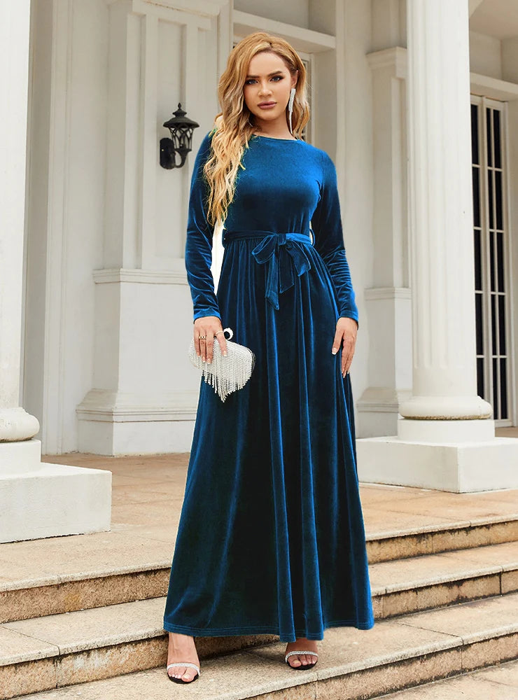 Velvet Long Sleeve Belted A-Line Maxi Dress 8