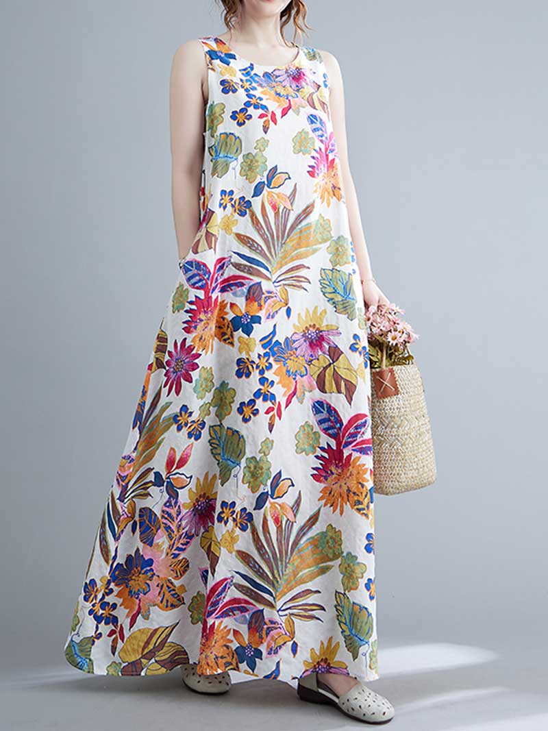 Sleeveless Cotton Floral A-Line Dress - Fashionpara