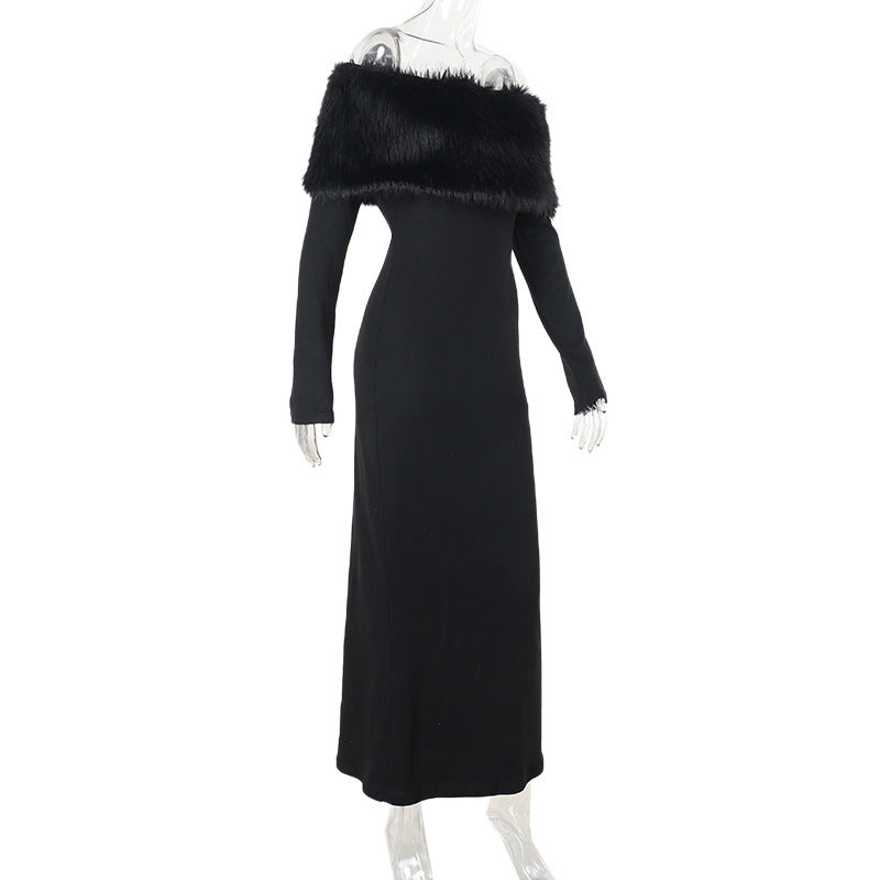 Onyx Fur Midi Dress - Black