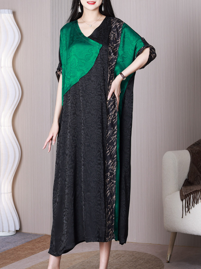 Floral Jacquard Colorblock V-Neck Loose A-Line Midi Dress 3