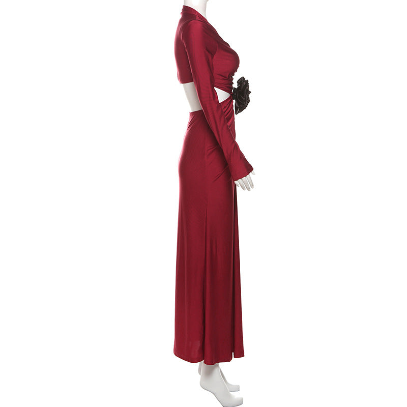 Mock Neck Long Sleeve Rosette Cutout Ruched Maxi Dress 9