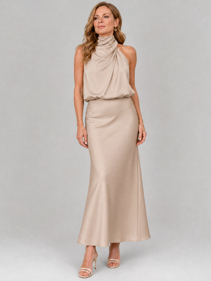 Halter Neck Draped Satin Maxi Gown 9