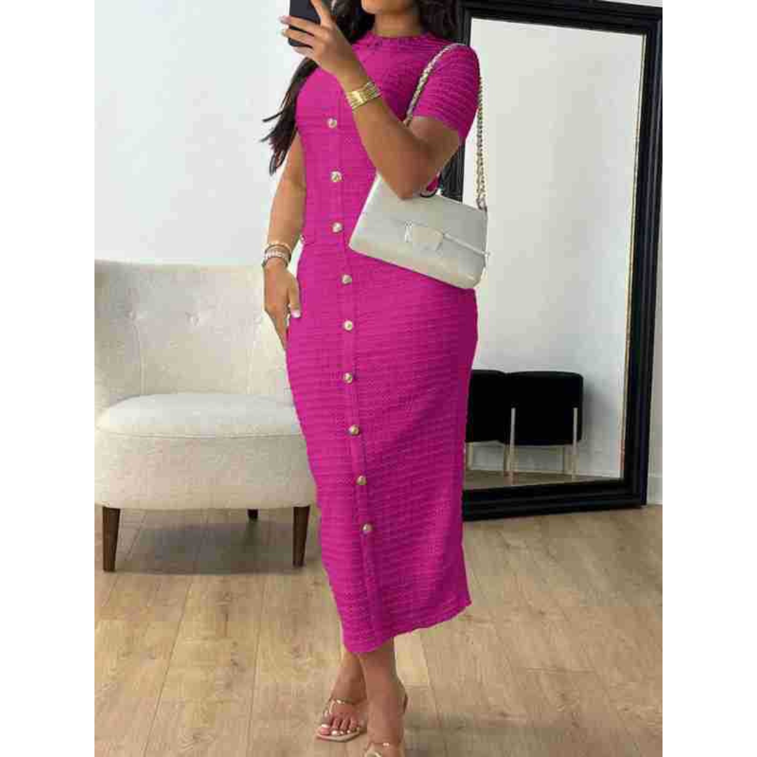 Crew Neck Short Sleeve Button Front Textured Bodycon Midi Dress 9
