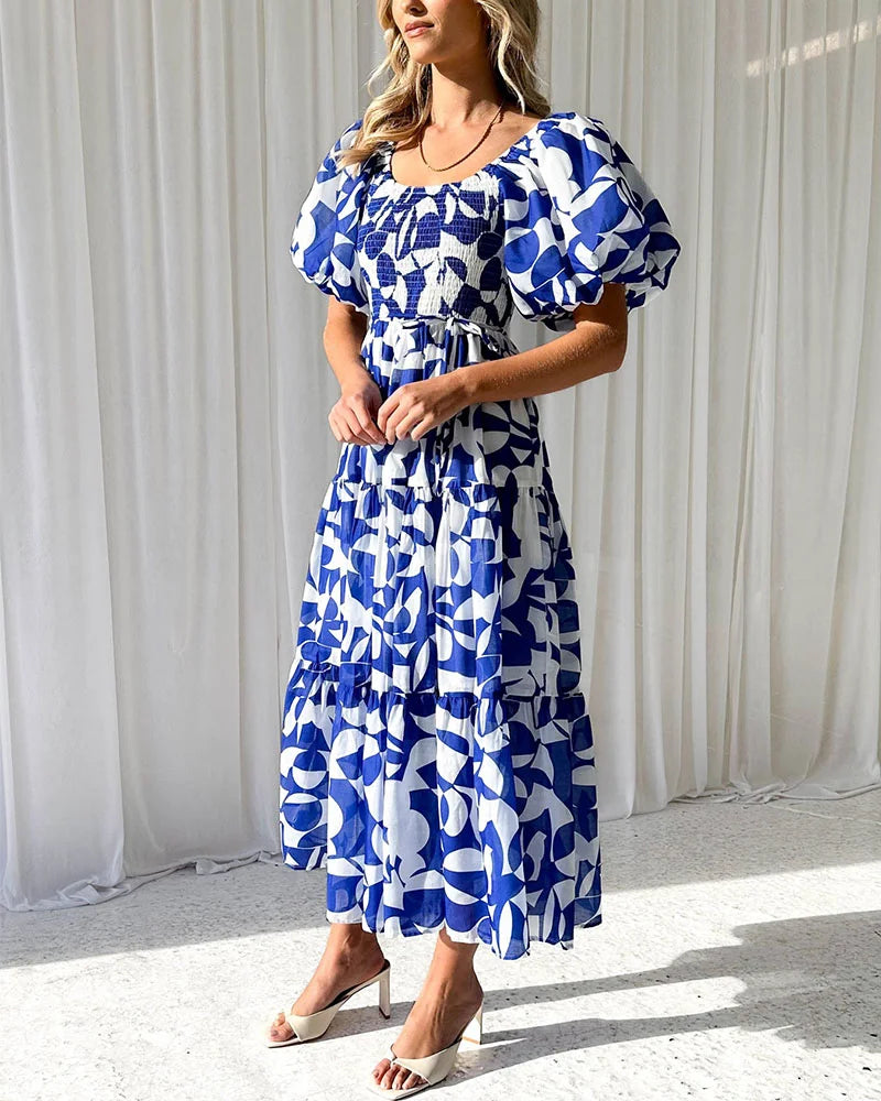 Elegant printed one-shoulder puff-sleeve dress - Fashionpara