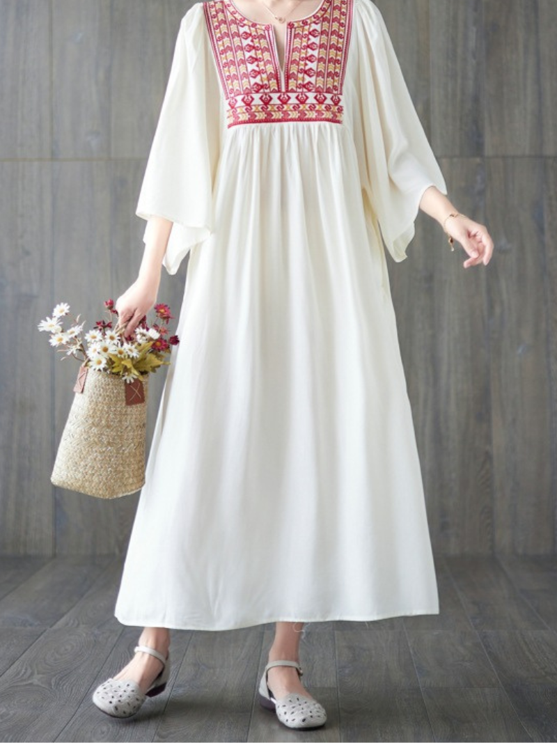 Embroidered Yoke Split-Neck Flared Sleeve Pleated Maxi Dress 6