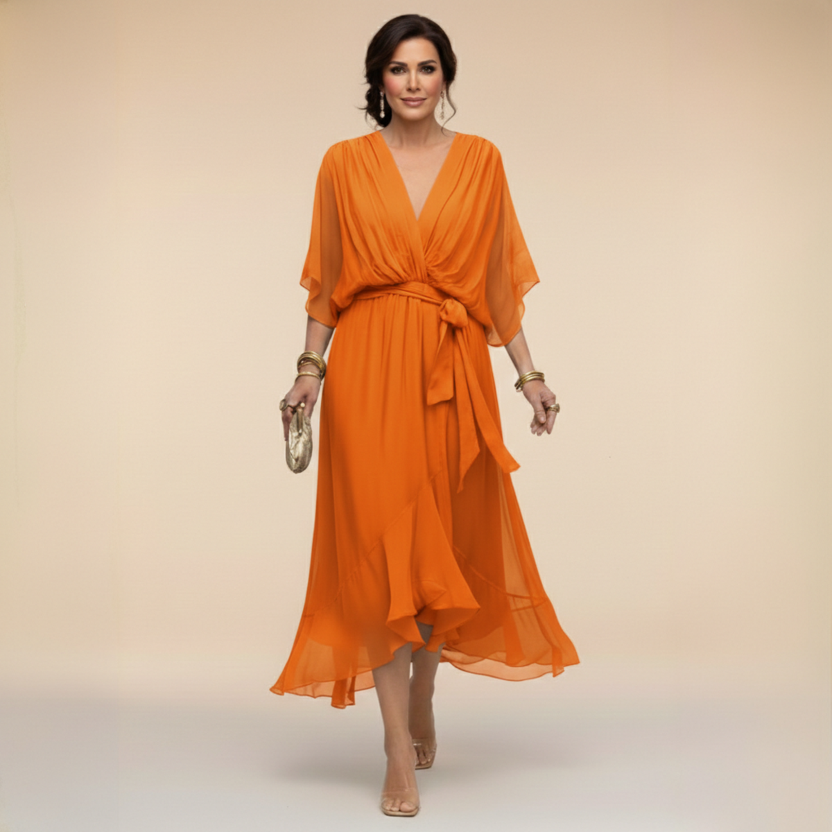 Deep V-Neck Kimono Sleeve Belted Ruffle Wrap Midi Dress 10
