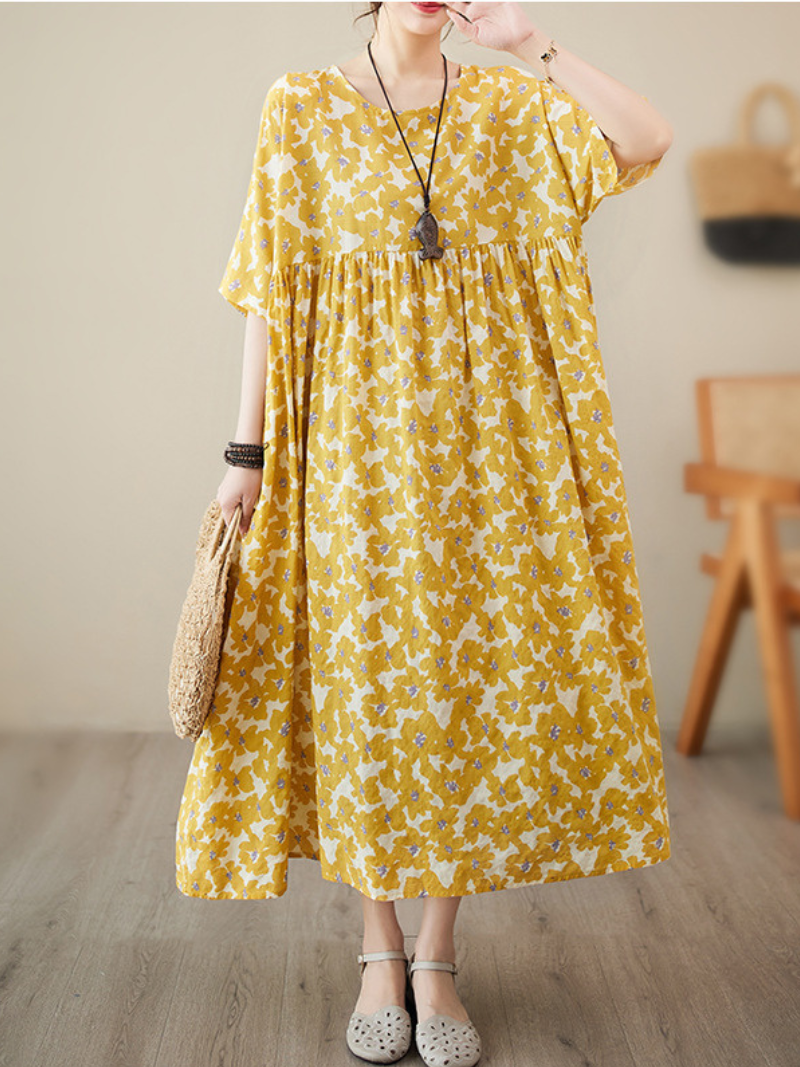 Ditsy Floral Cotton Round-Neck Smock Maxi Dress